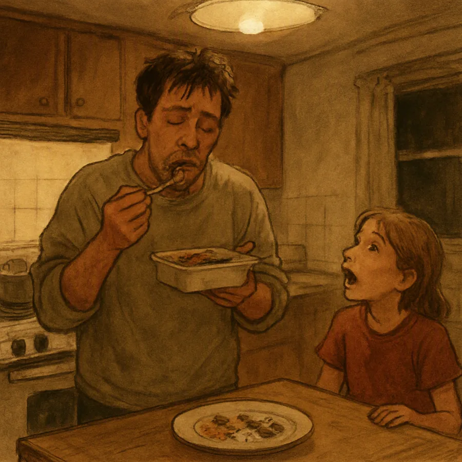 A tired adult eating from a container at the stove while a child talks beside them