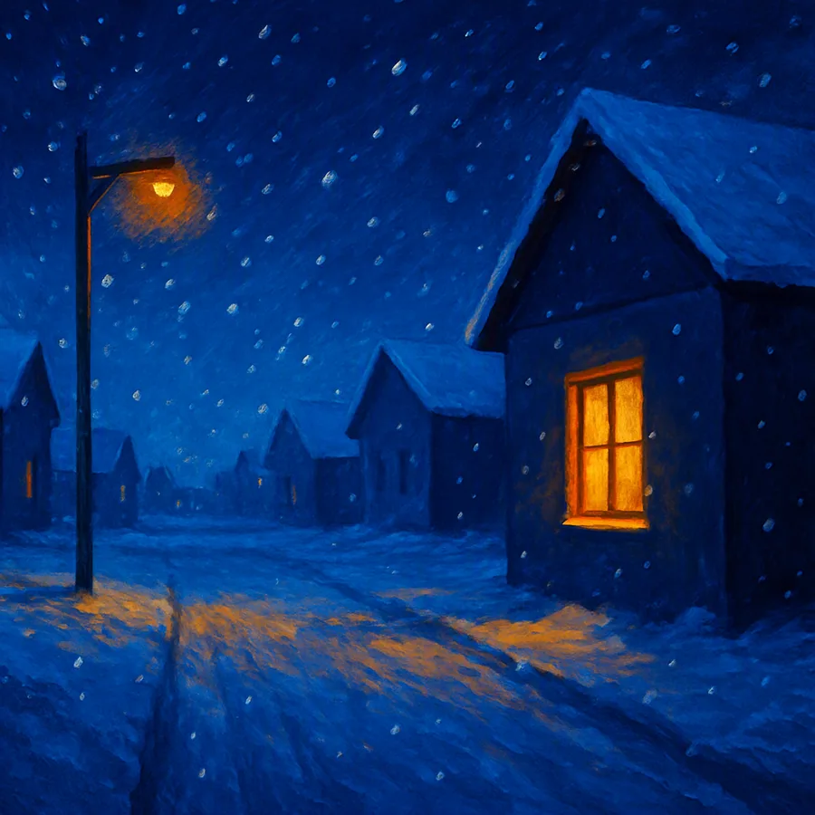 Empty low-poly snowy town street at night with one lit window