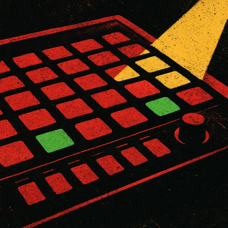 Close-up of a drum machine sequencer with blinking LEDs and missing steps.