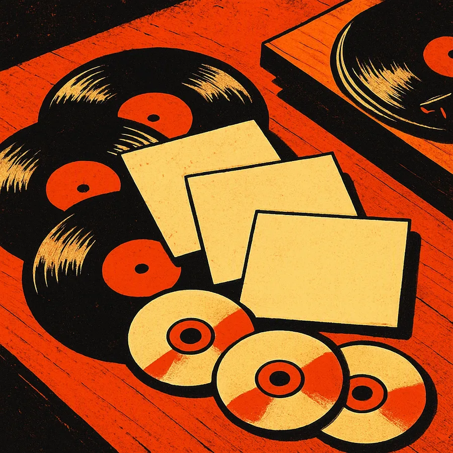 Still life of vinyl records and CDs fanned out beside a turntable on a wooden table
