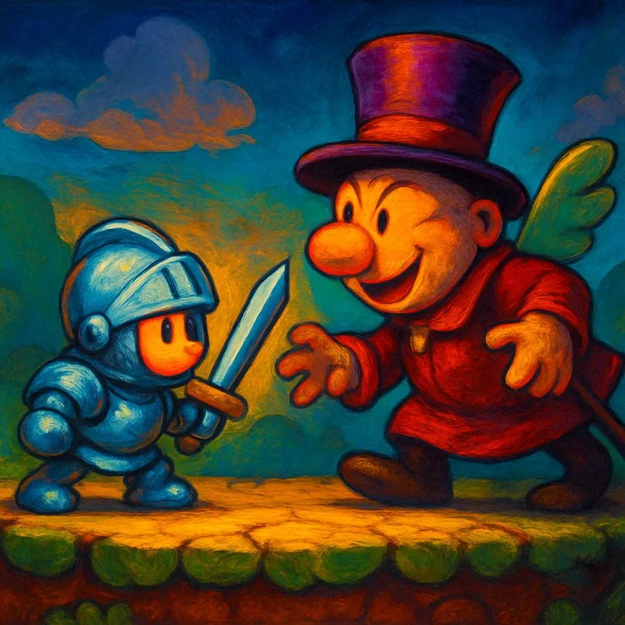 Lomax, ein Lemming in Ritterrüstung mit einem Schwert, auf einer bunten Cartoon-Platformer-Bühne