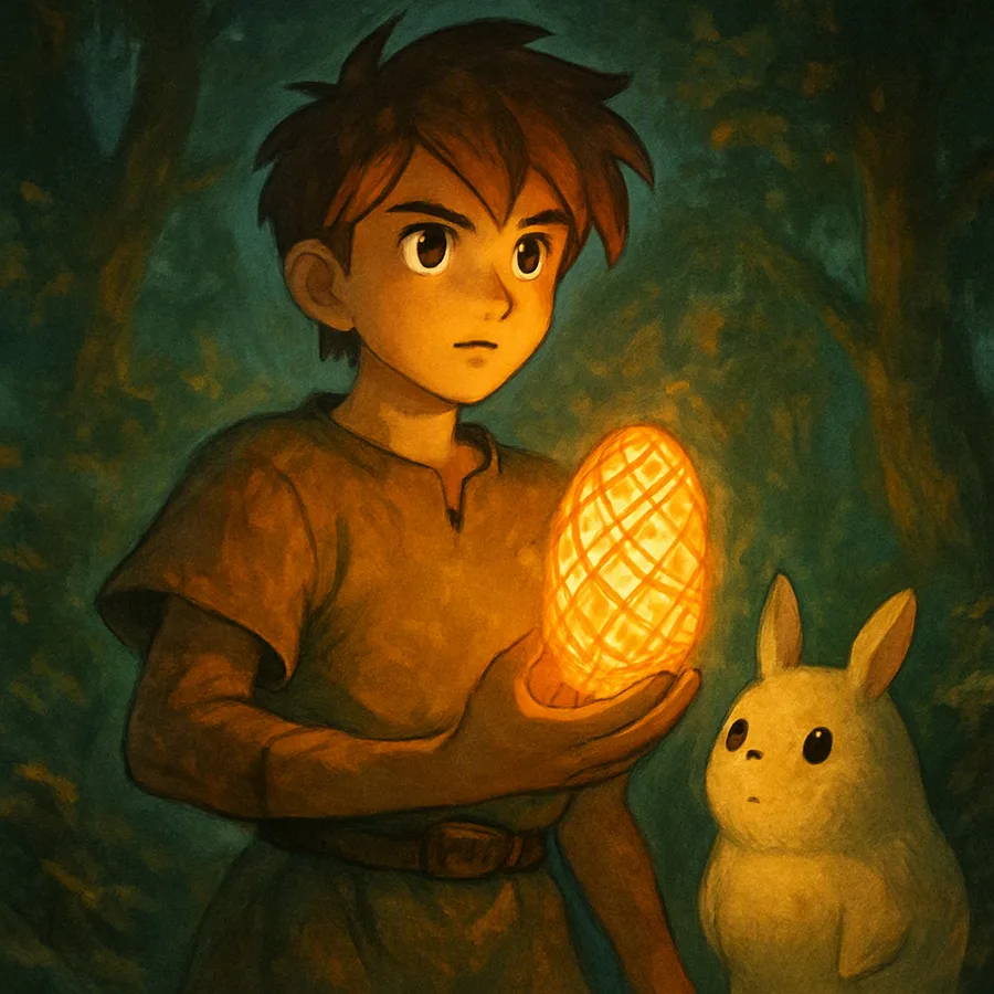 Illustration of a young cocoon keeper holding a glowing magical cocoon beside a creature, in a 1998 PlayStation RPG art style