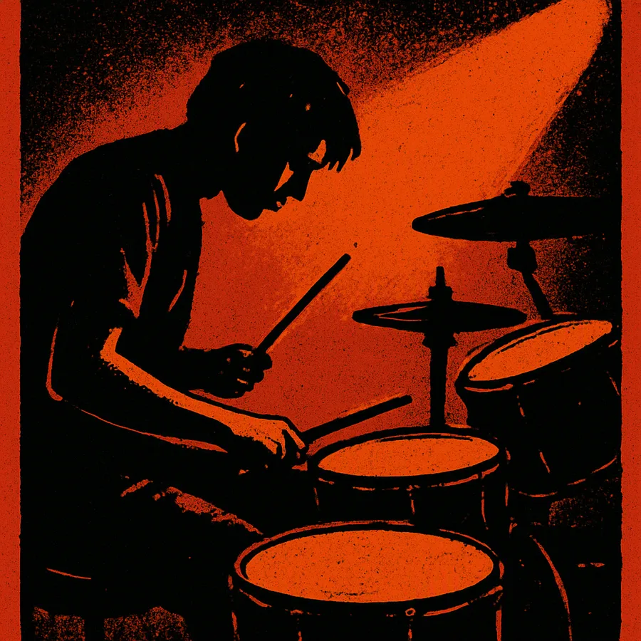 A drummer using brushes on a snare at a drum kit in black-and-white, early 1990s indie rock style.