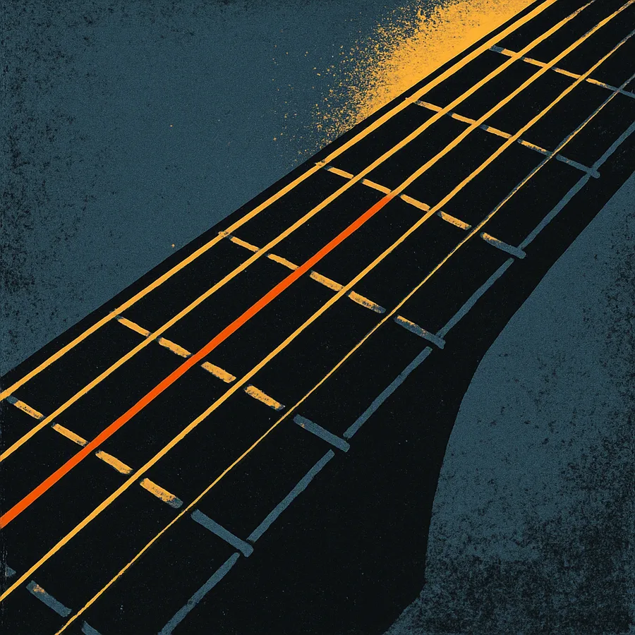 Close-up of a clean electric guitar fretboard and string under soft light.