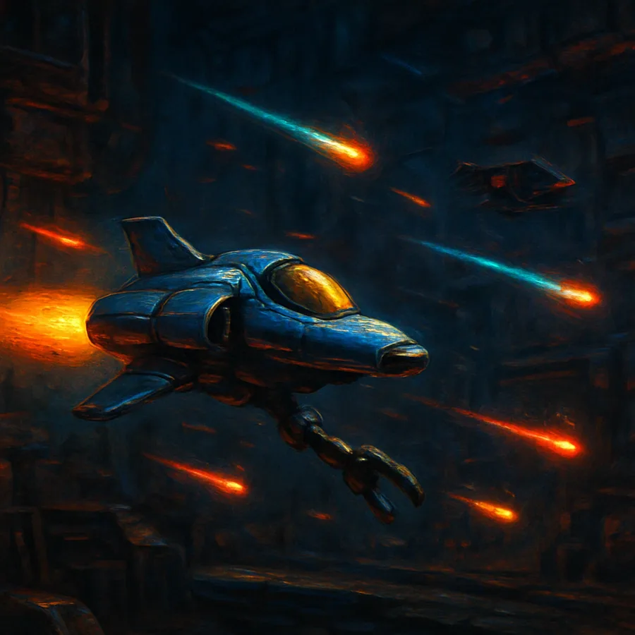 A spaceship with a single arm dodges bullets and enemies in a dark industrial sci-fi setting.