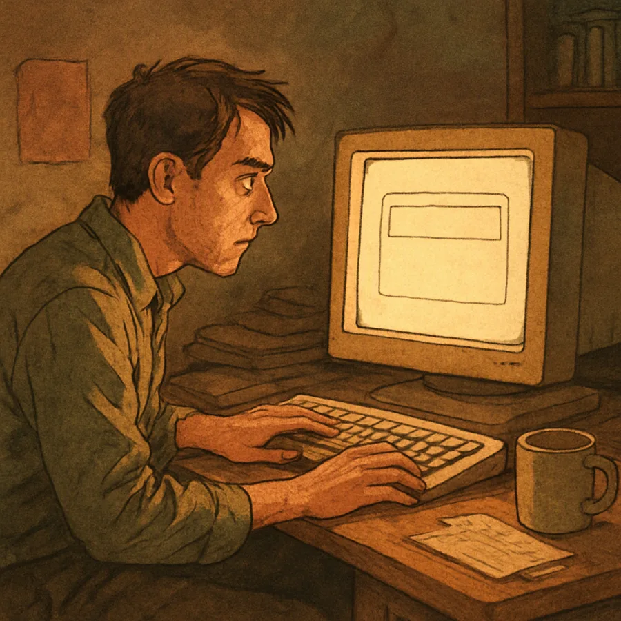A person at a desk in a dark room, typing on a keyboard while looking at a computer screen.