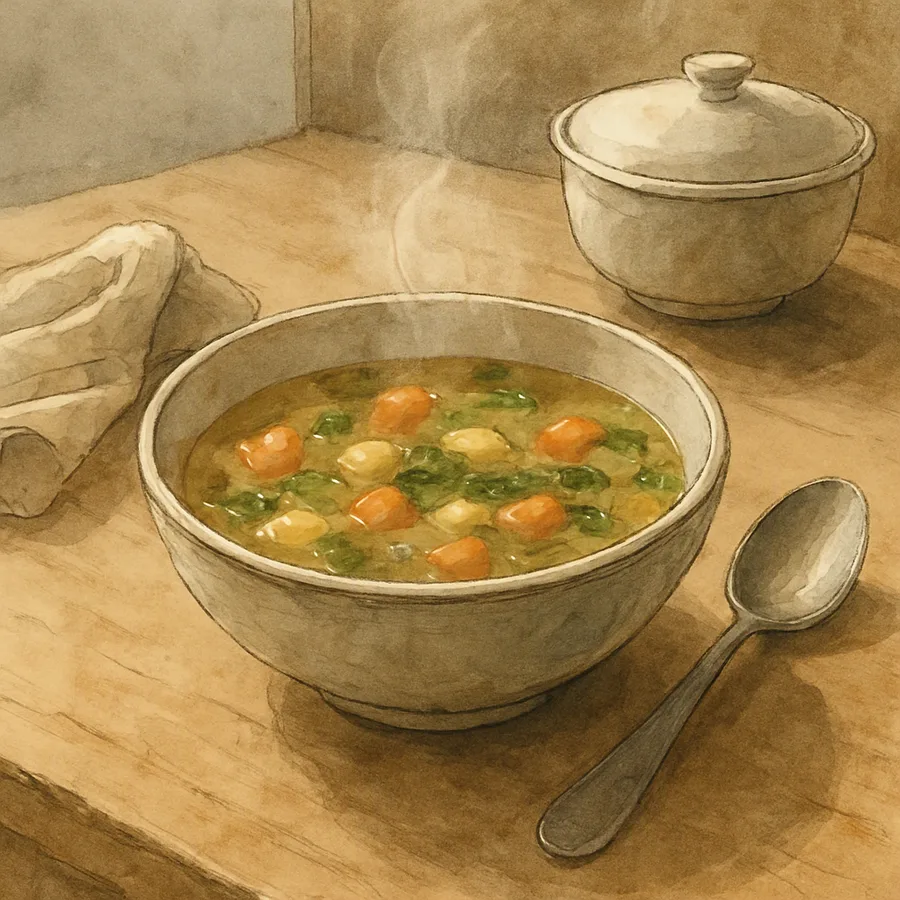 A bowl of homemade soup on a kitchen table with a spoon and an empty bowl beside it
