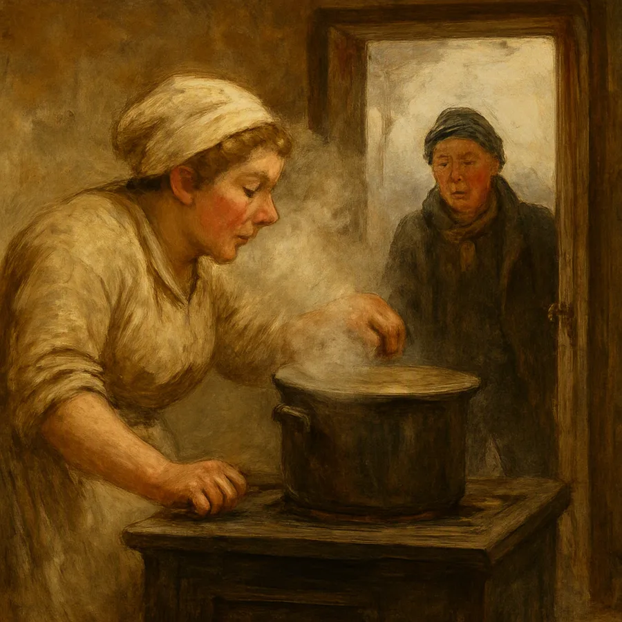 A cook leaning over a steaming pot at a stove while a person enters from outside through a doorway.