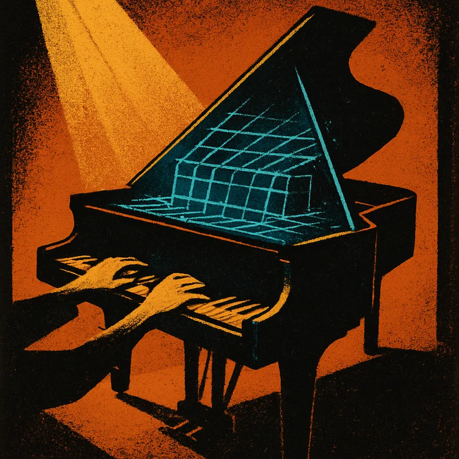 A grand piano with a digital grid overlay on its strings in a low-poly 3D style.