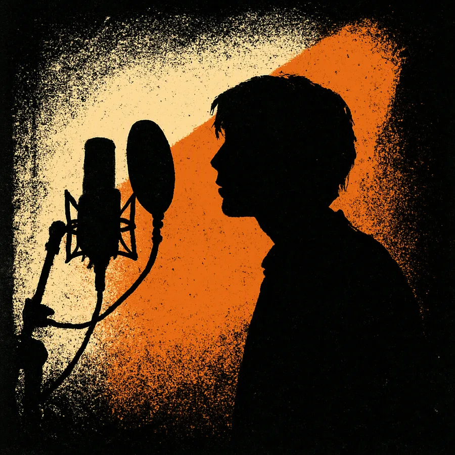 Silhouette of a singer in a foggy vocal booth, barely visible behind a microphone.