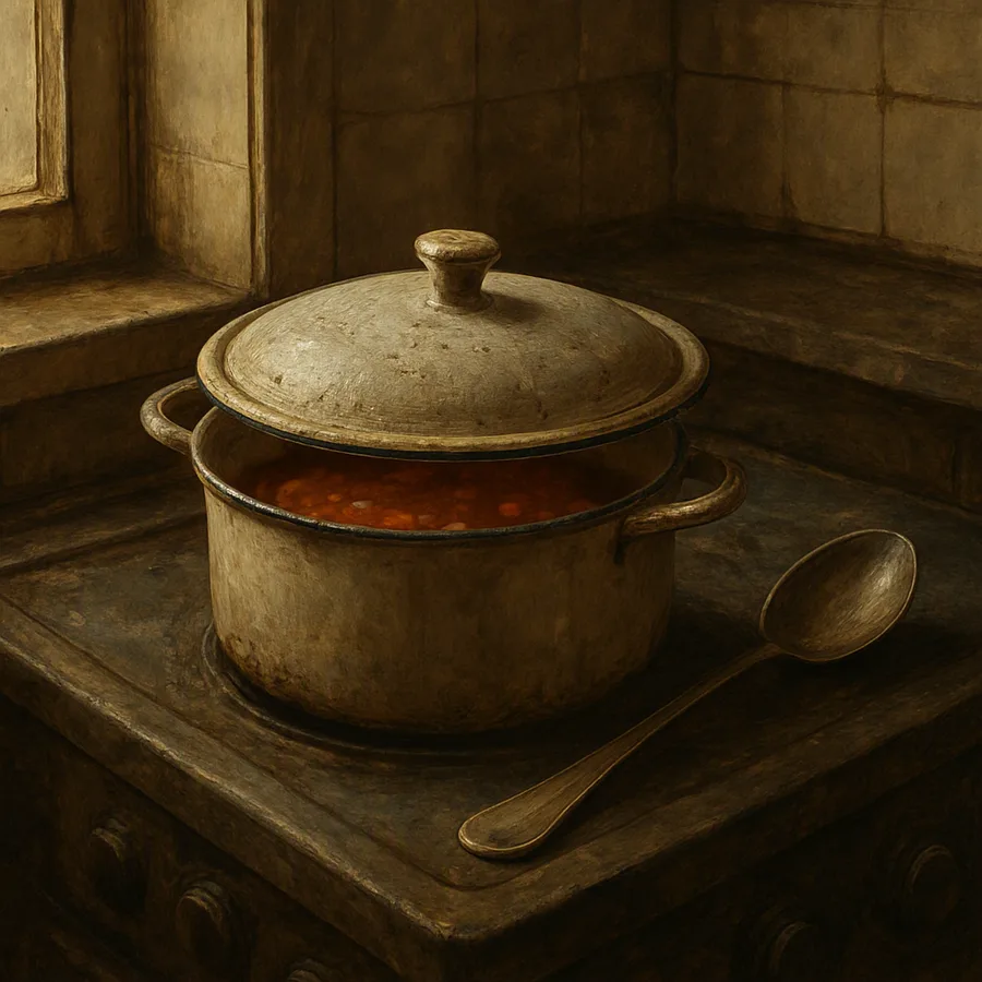 A covered pot of stew on a stovetop the next morning with a spoon resting beside it