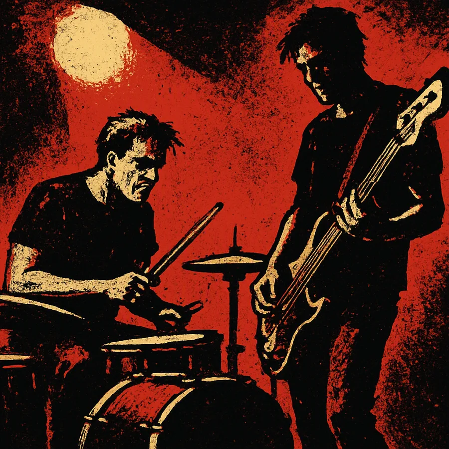 Black-and-white live photo of a drummer and bassist playing a sparse noise-rock set on a small club stage