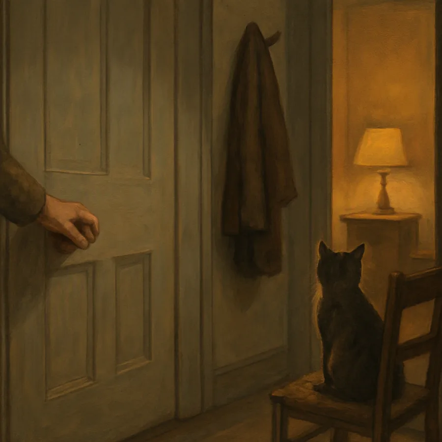 A hand on a front-door knob inside a dim hallway, with a cat watching from a chair.