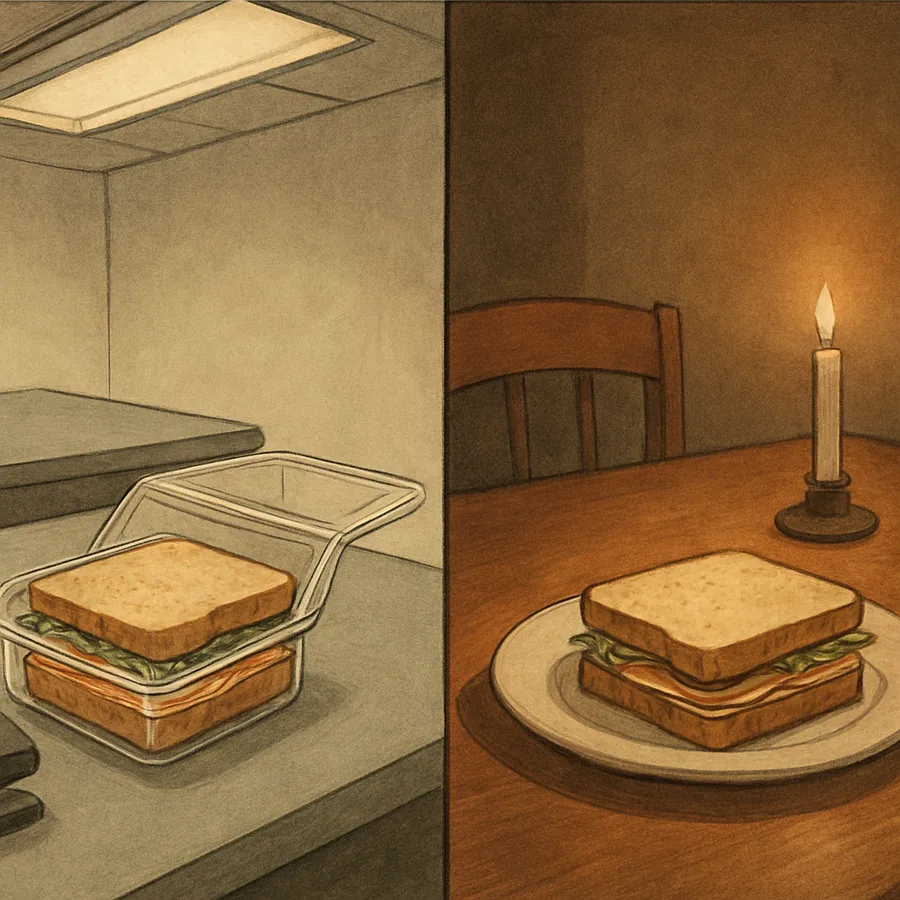 Imagem dividida mostrando um sanduíche de peru em uma mesa de escritório ao lado de um grampeador, e o mesmo sanduíche em uma mesa de jantar com uma vela.