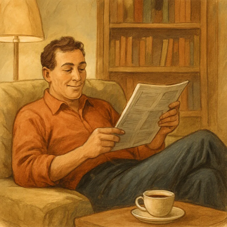 A person relaxing on a sofa while reading news, looking content.