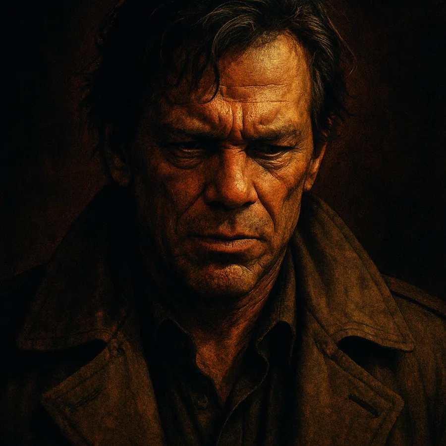 Close-up of Mickey Rourke as Harry Angel, looking exhausted and grim in a trench coat.