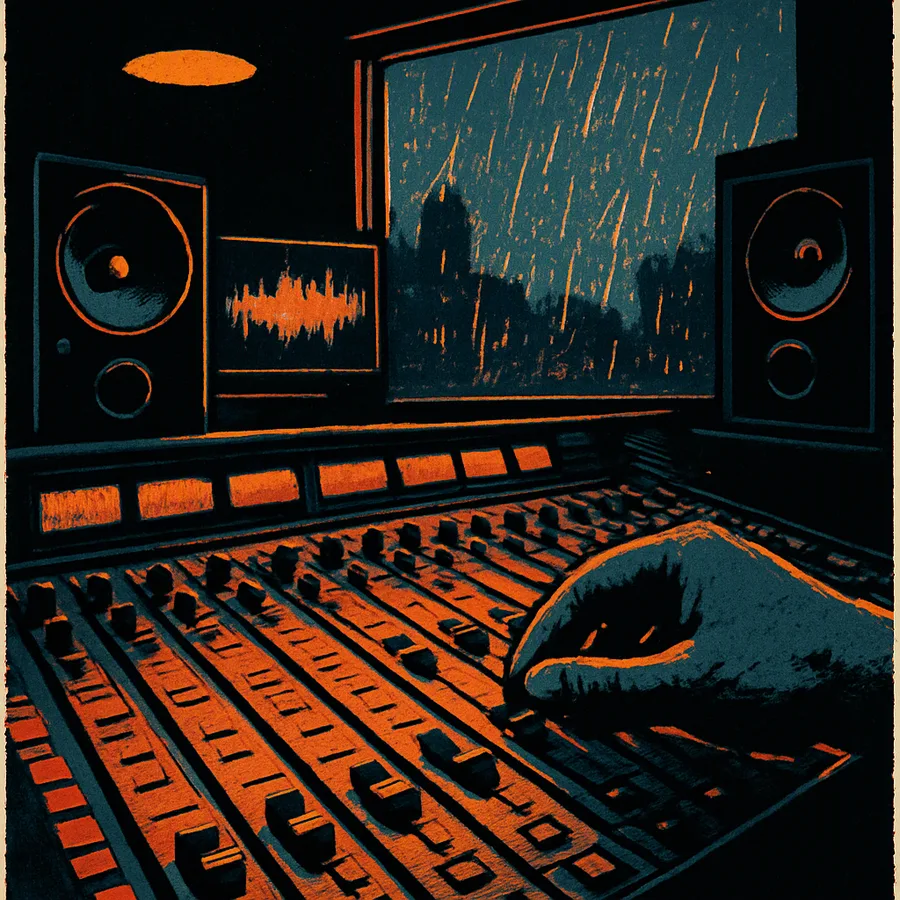 A mixing console with faders and waveform monitors, rainy street visible through a window.