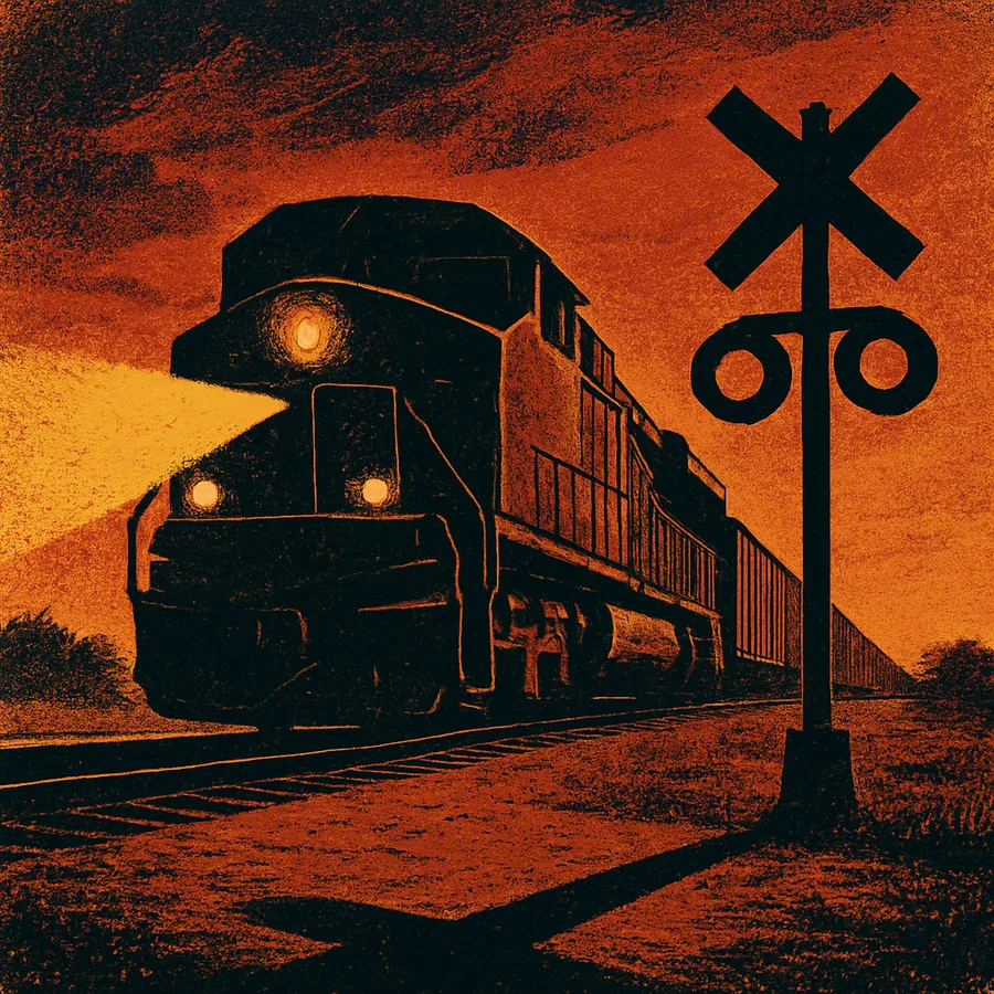 A freight train at a grade crossing at dusk, emphasizing size and slow movement.