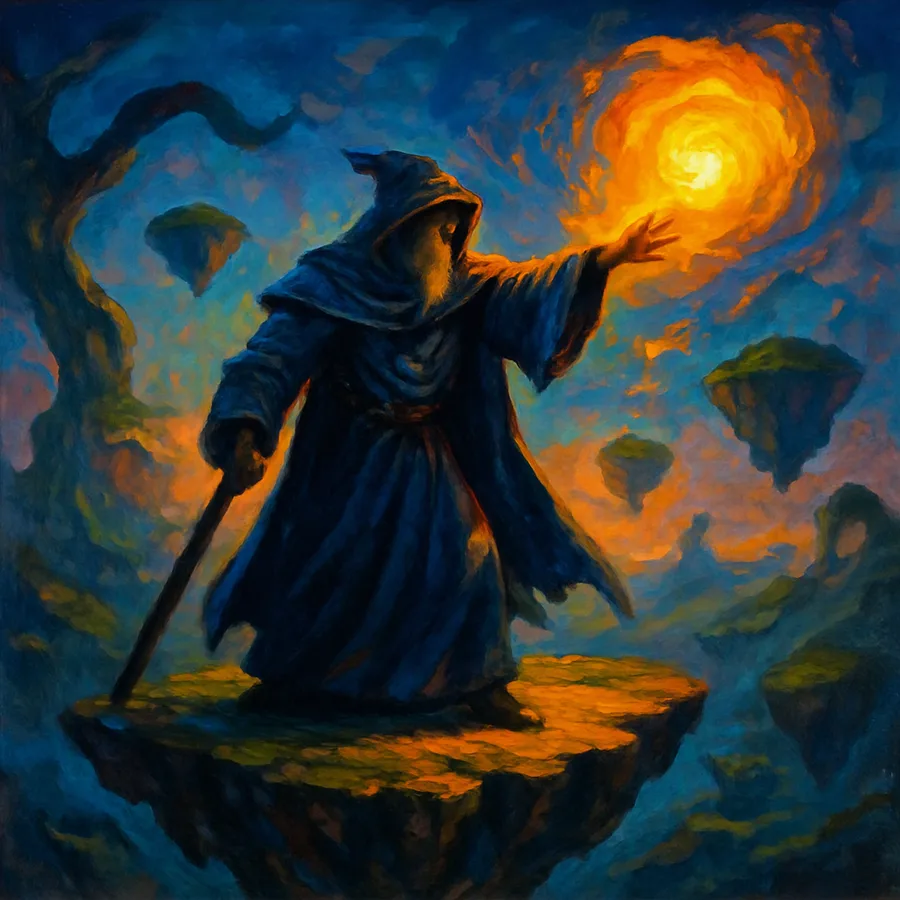 A wizard on a floating island in a dark fantasy world with twisted trees and glowing magic