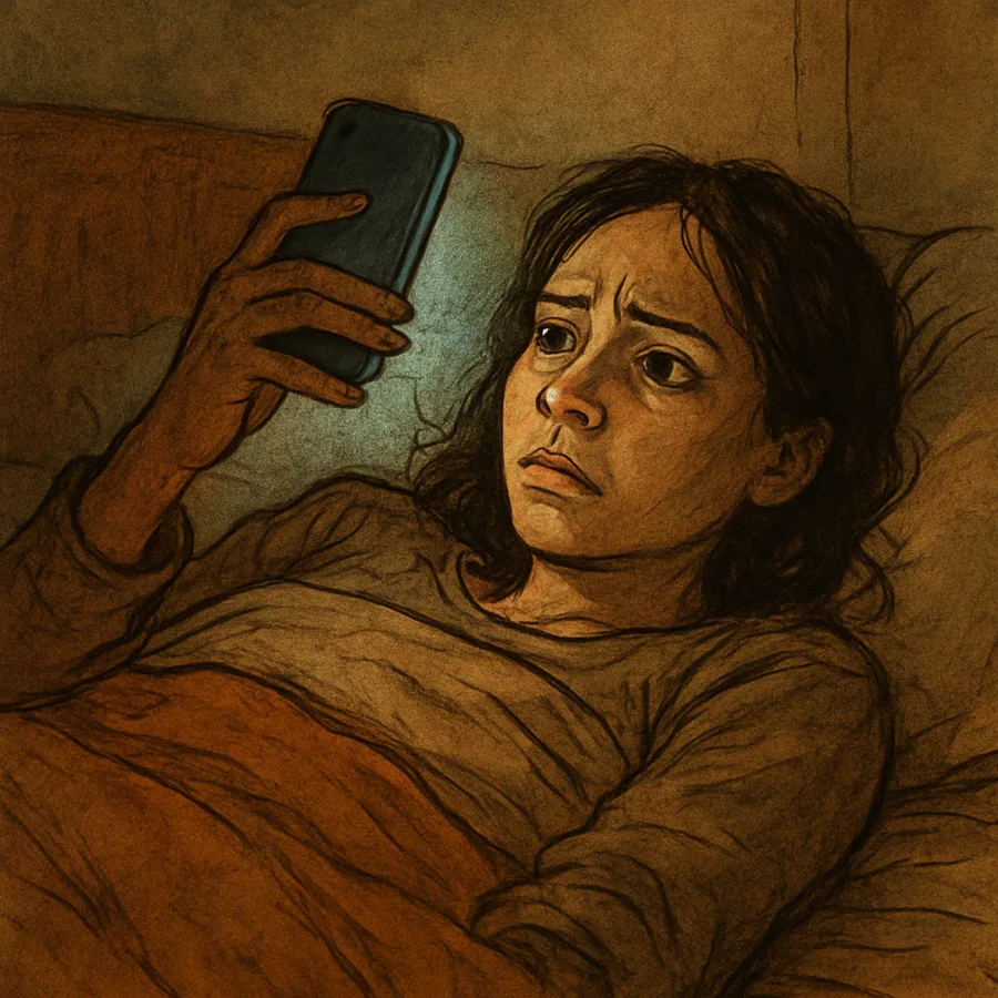 A person in bed at night, looking at a smartphone with a tense expression.