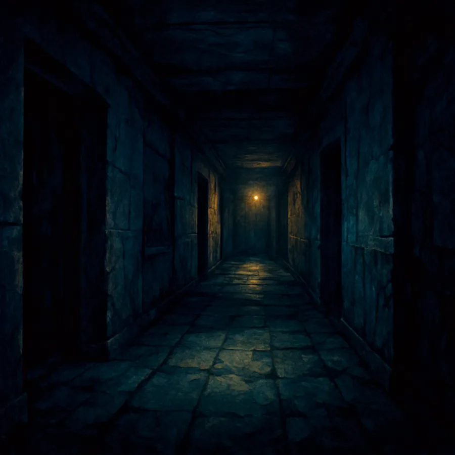 Um corredor pré-renderizado escuro e vazio de um jogo de terror de PlayStation de 1999, silencioso e inquietante