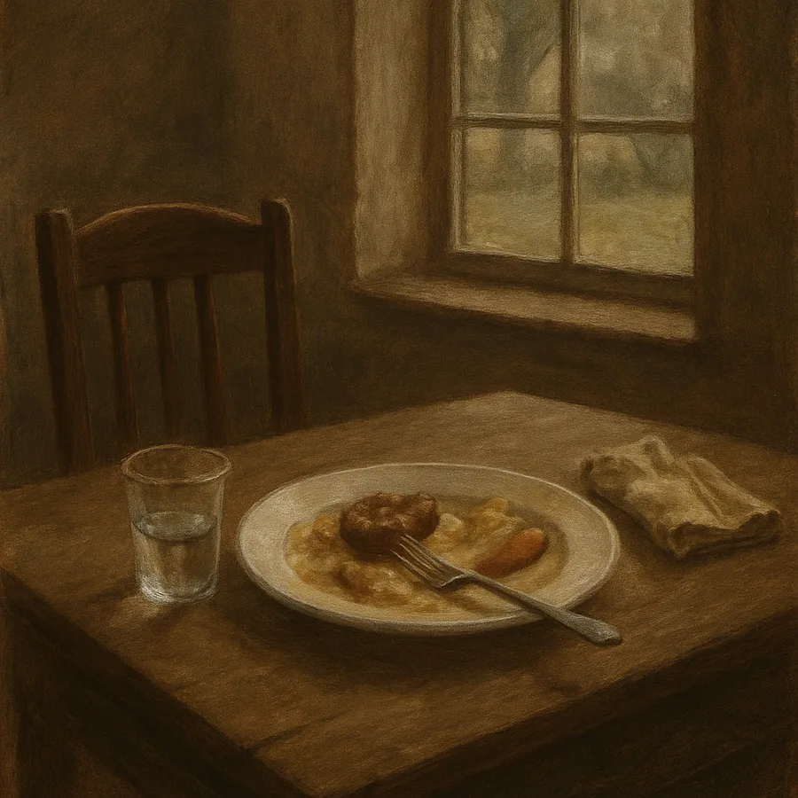 A table set for one with a half-eaten meal, an empty chair, and a view through a window.