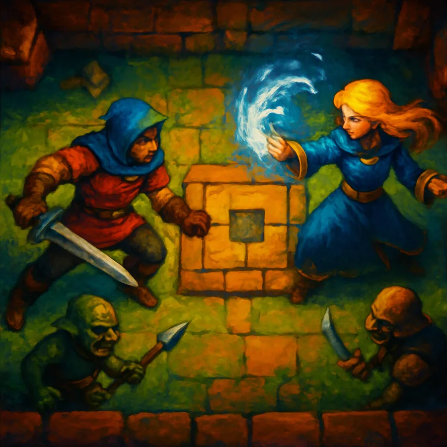 Two cartoon heroes cooperating in a top-down level, fighting enemies and solving a puzzle.