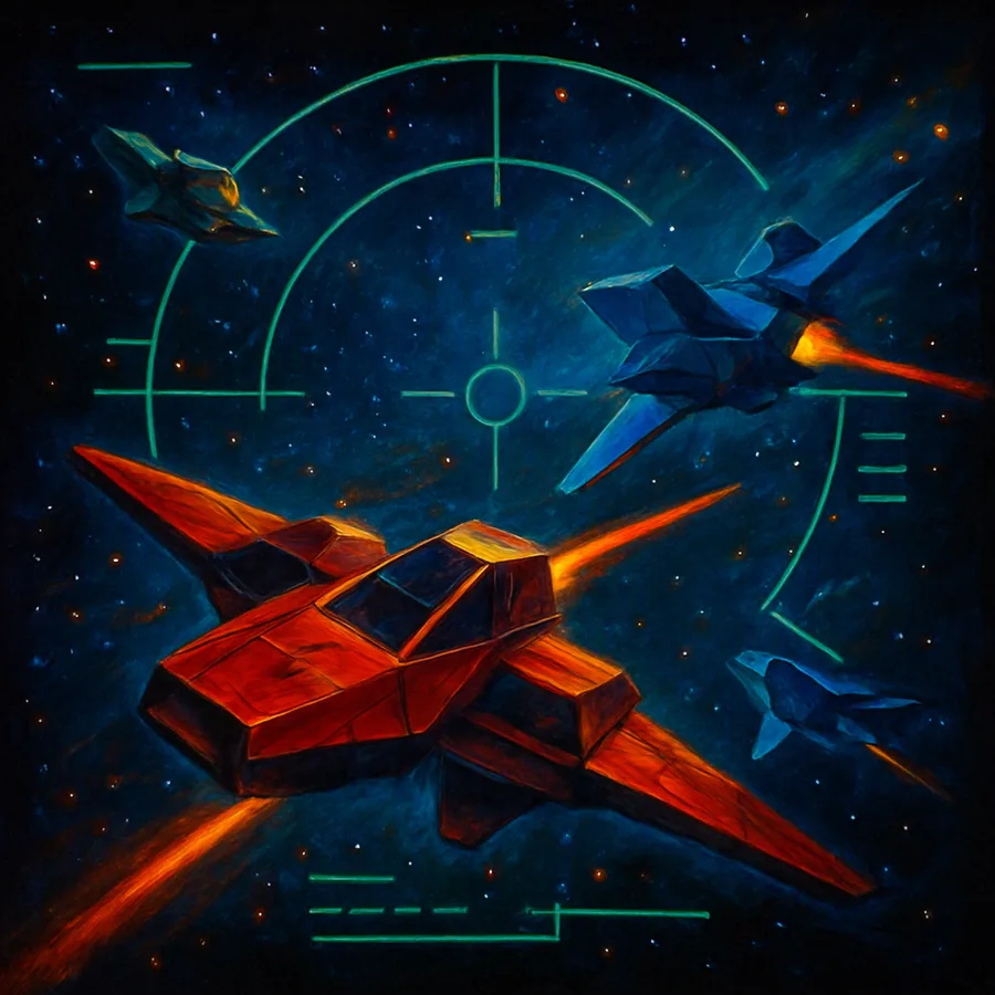 Polygonal ships against pre-rendered starfields with a HUD.