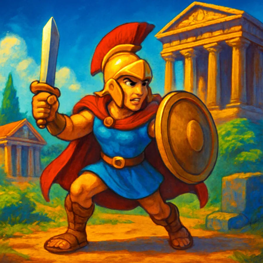 A top-down view of a cartoon hero in a colorful ancient Greek setting with simple interface.