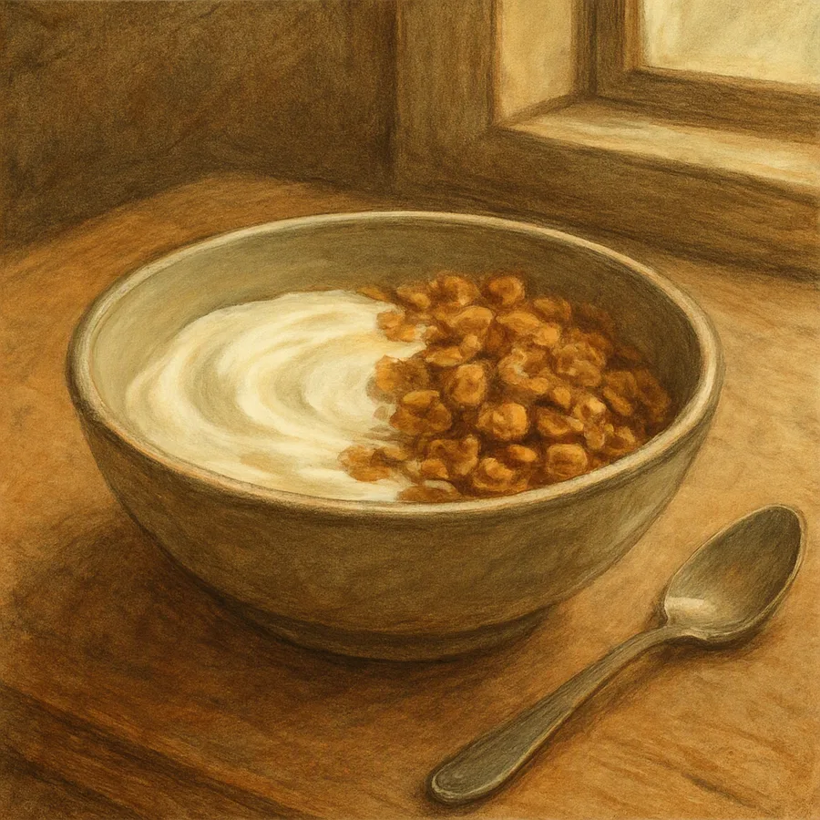 A bowl of yogurt and granola on a table, lit by natural light.