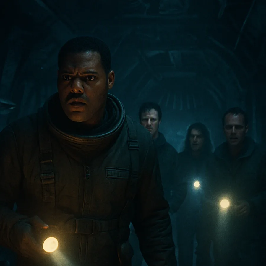 Rescue crew with flashlights entering the dark, spike-lined corridor of the derelict Event Horizon.
