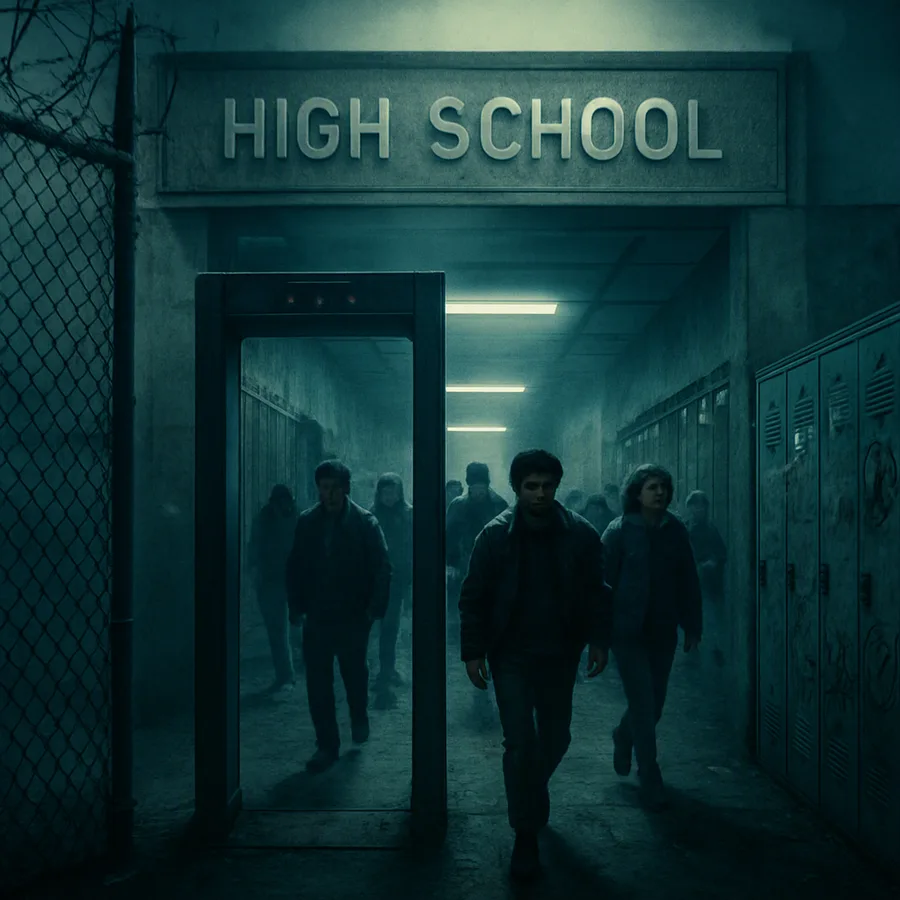 Chain-link fence, metal detector and graffiti-covered hallway of a near-future high school