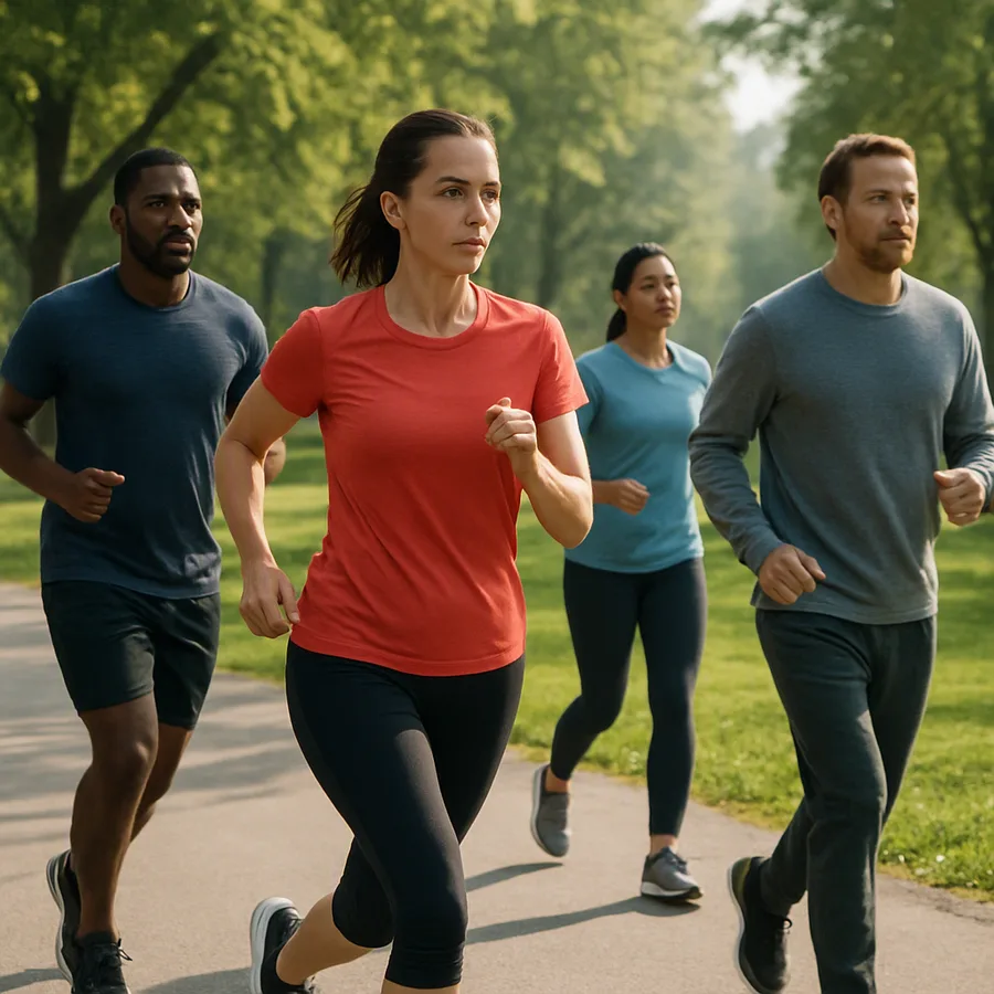 People jogging and walking briskly outdoors in a sunlit park
