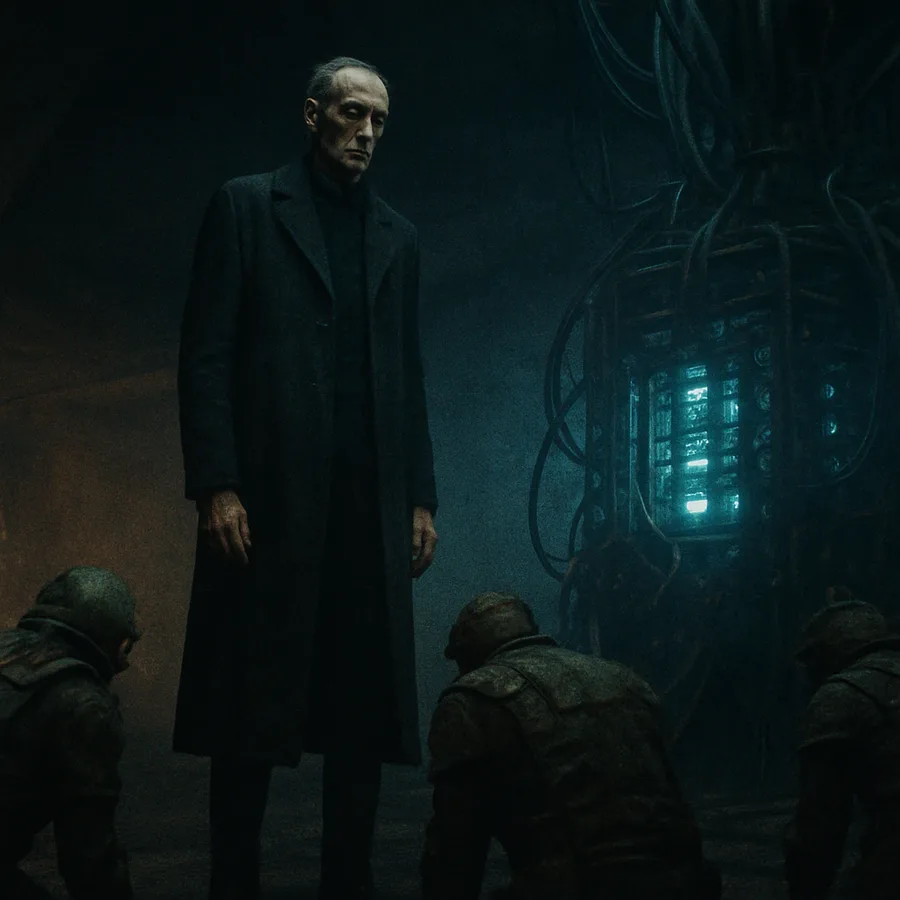 A tall stern man standing before followers and a humming machine in an underground chamber