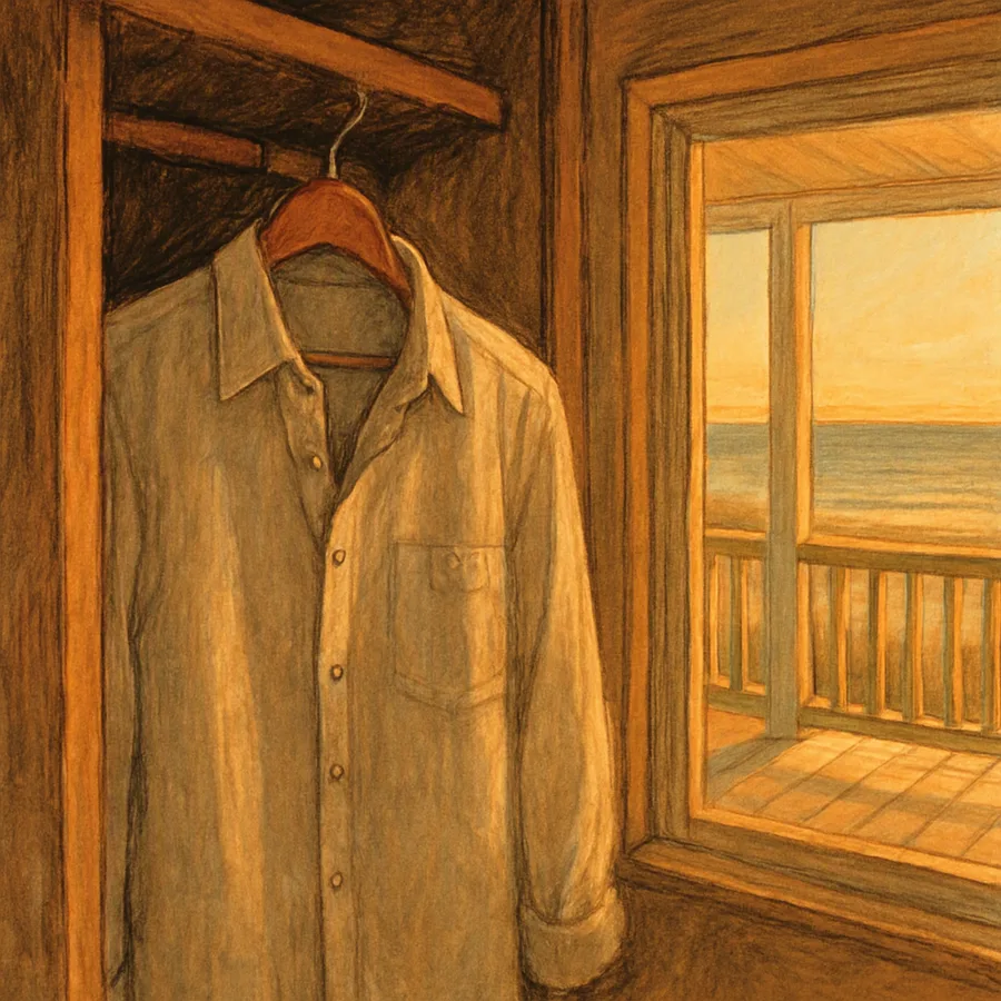 A linen shirt in a closet with a porch and beach visible through a window, styled as a 1970s photograph.