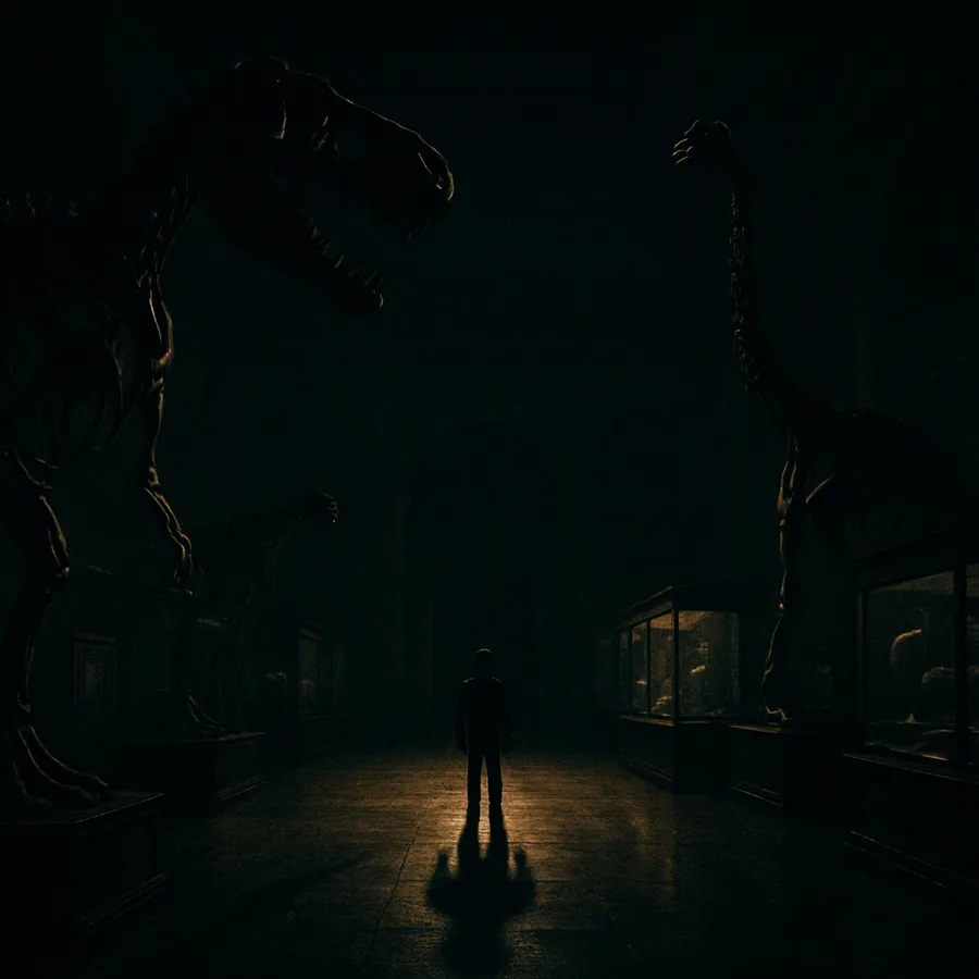 Eine weite Ansicht einer dunklen Museumshalle mit Dinosaurierskeletten und Vitrinen, eine kleine Figur in der Nähe eines Gangs