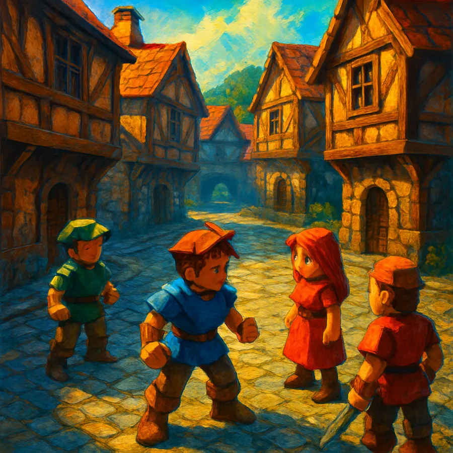 A late 1990s PlayStation RPG town with a painted background and blocky low-poly character models under a fixed camera.