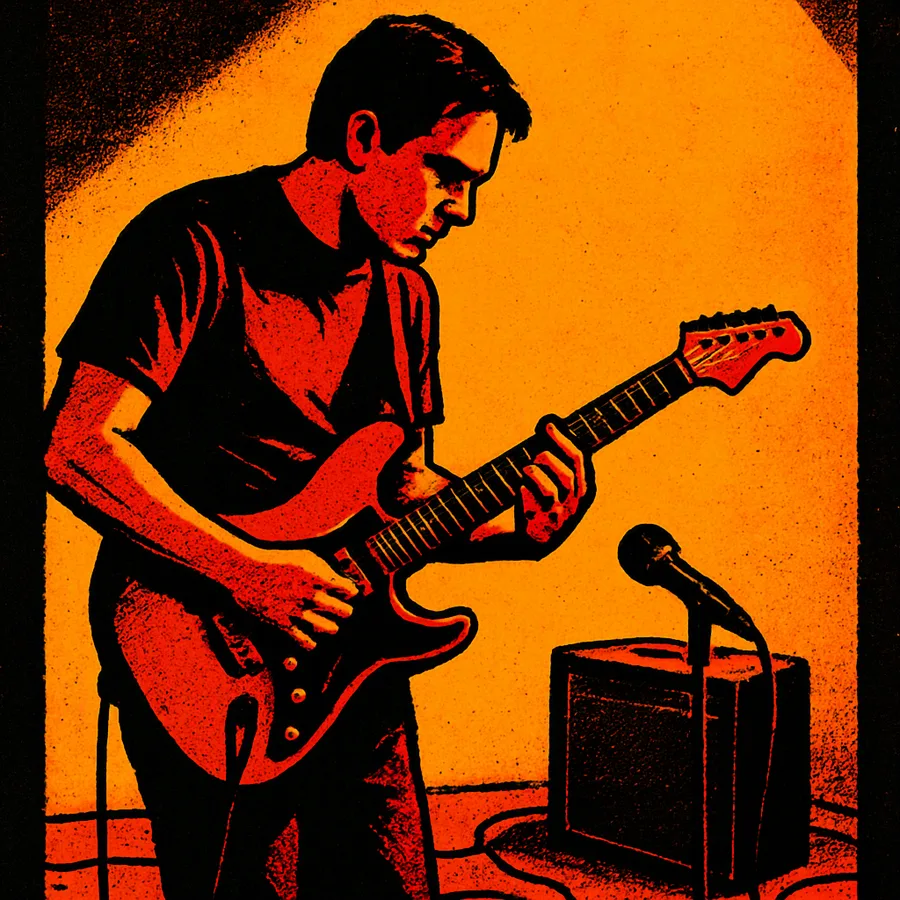 Studio photo of a guitarist playing a dry trebly electric guitar through a close-miked amplifier