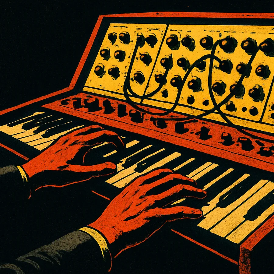 Close das mãos de Ron Mael tocando um teclado sintetizador com cabos patch.