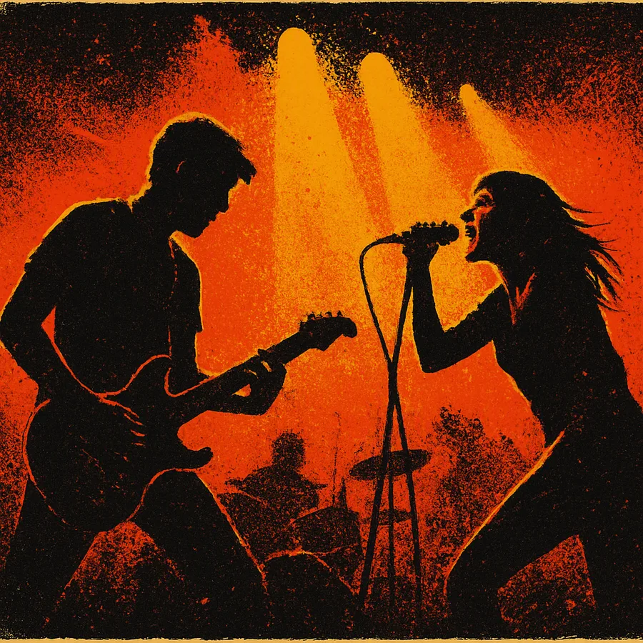 Modern live concert photo of a band building a long repetitive song with layered guitars and percussion