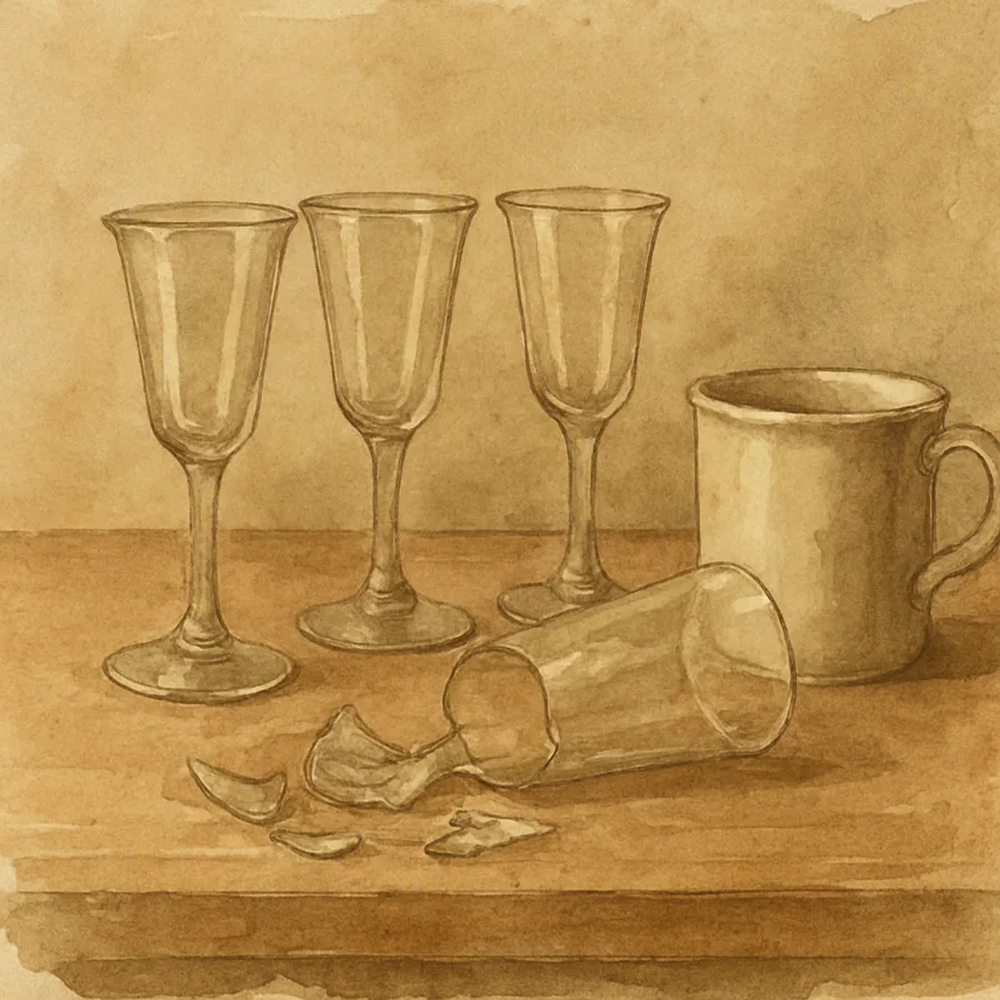 Four thin wine glasses on a table, one cracked and broken, with a mug at the edge