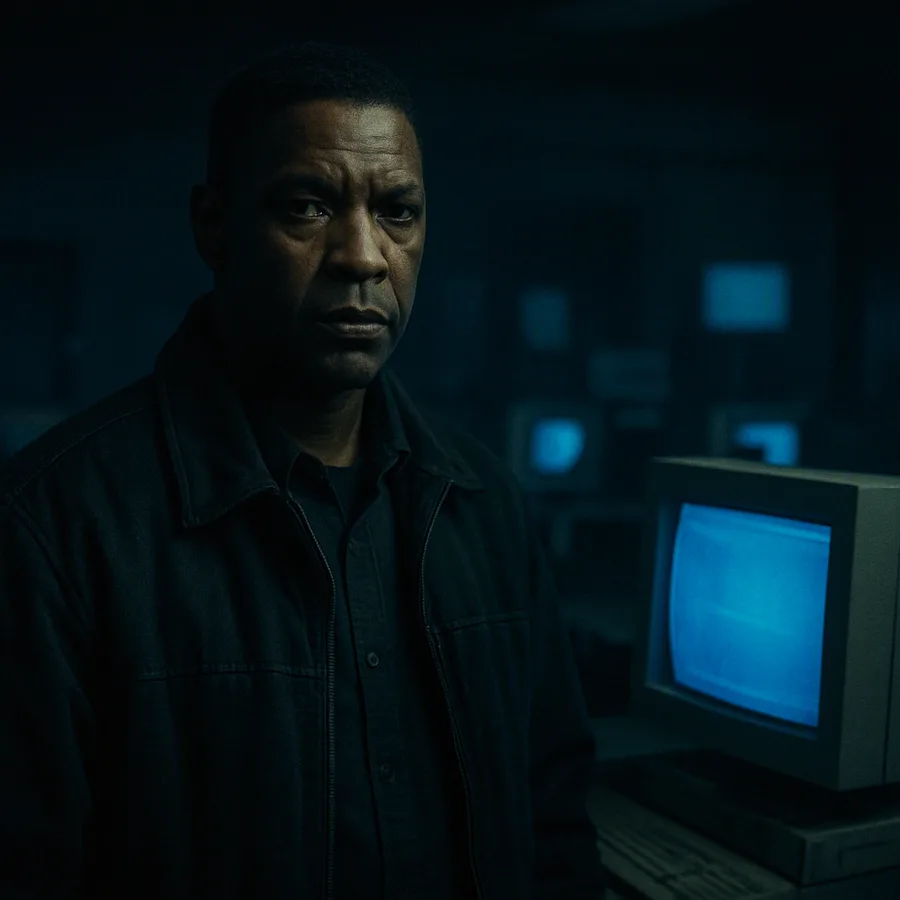 Denzel Washington as Parker Barnes standing grimly in a dim computer lab