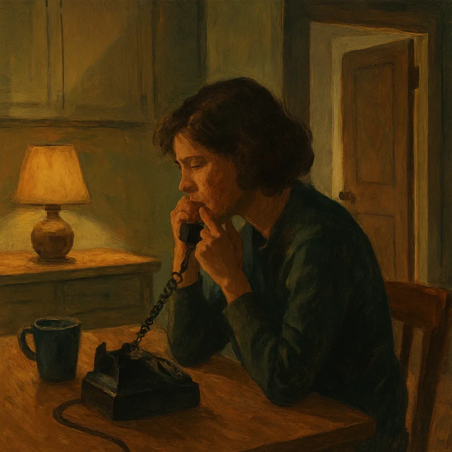 A person at a kitchen table speaking into a telephone while a door in the background stands only partly closed.