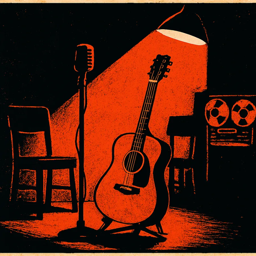 A dimly lit recording studio with a guitar and tape machine at night.