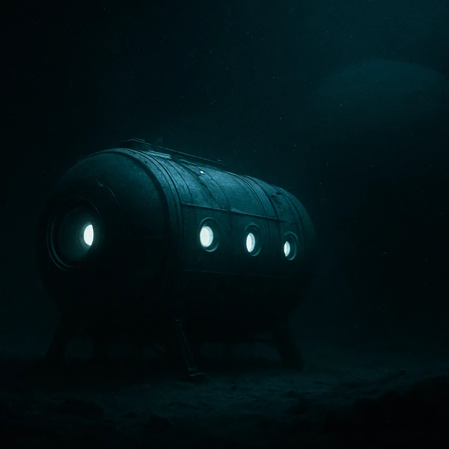 Underwater habitat on the ocean floor with a large sphere nearby
