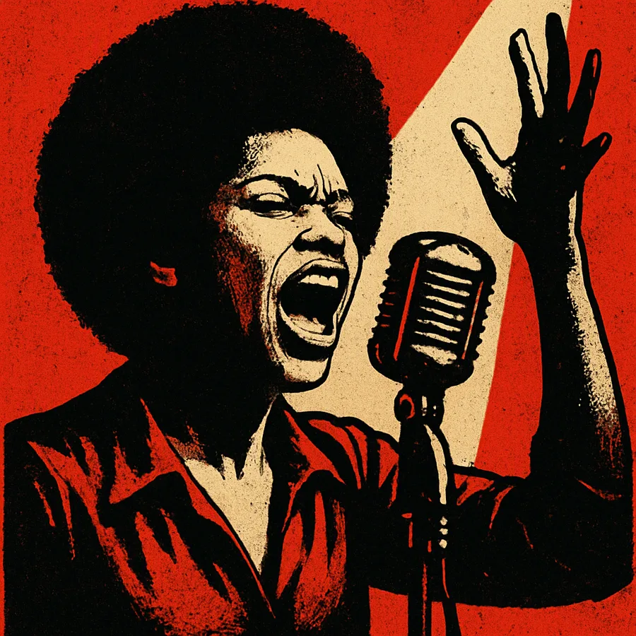 Betty Davis schreit in ein Mikrofon in einer Aufnahmekabine, Schwarz-Weiß-Porträt.