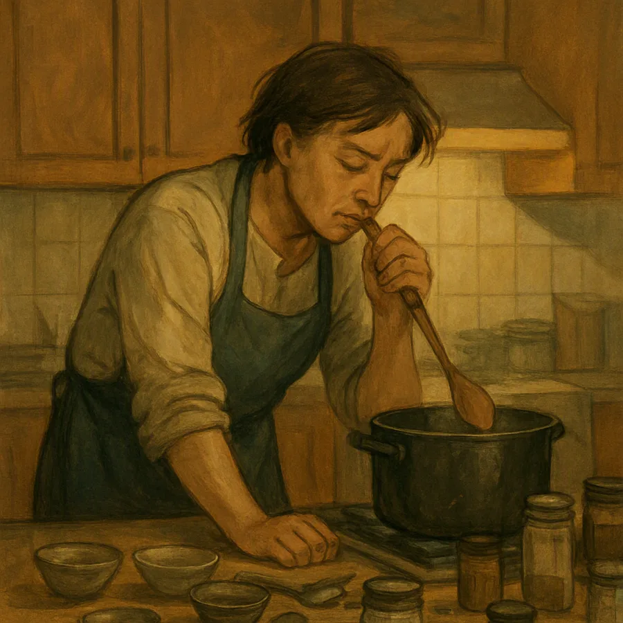 A tired cook tasting stew from a spoon at a stove surrounded by used tasting spoons and bowls