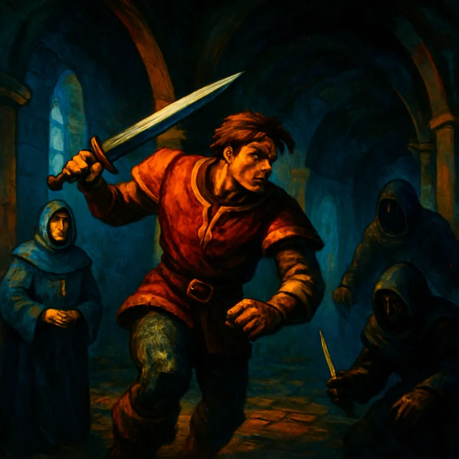 Pre-rendered monastery hall with low-polygon characters from a 1999 PlayStation RPG.