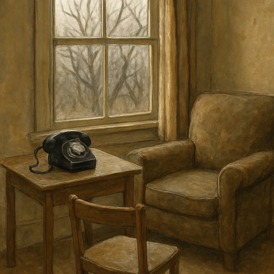A landline telephone on a table beside a worn armchair, with bare winter trees visible through a window.
