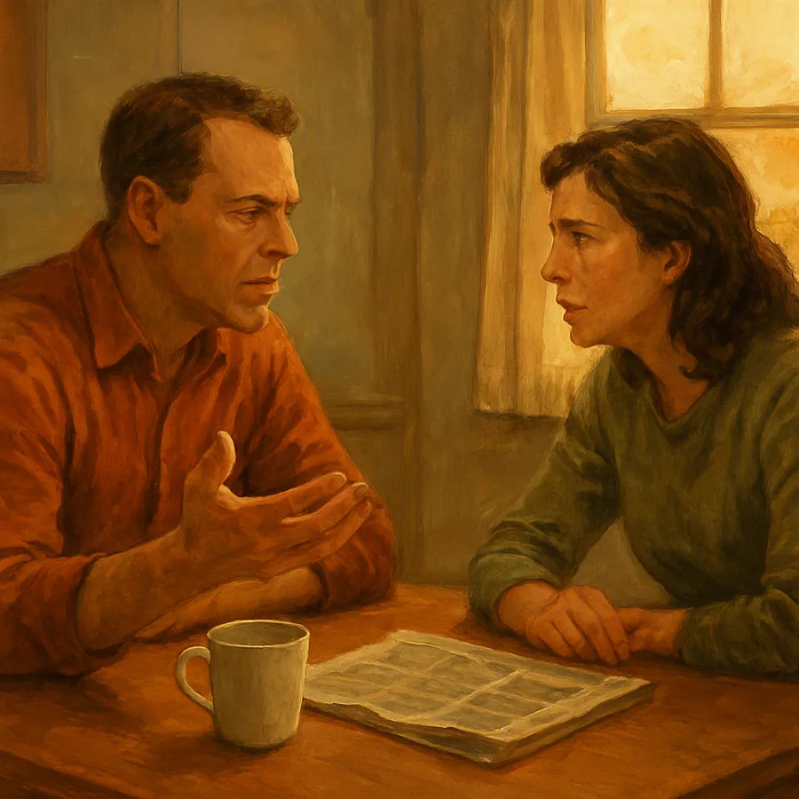 Two people arguing warmly across a kitchen table in late afternoon light, one gesturing while the other responds.